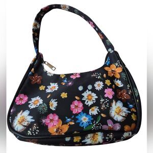 Women's Black Vintage Y2K Chic Floral Print Canvas Everyday Hobo Bag